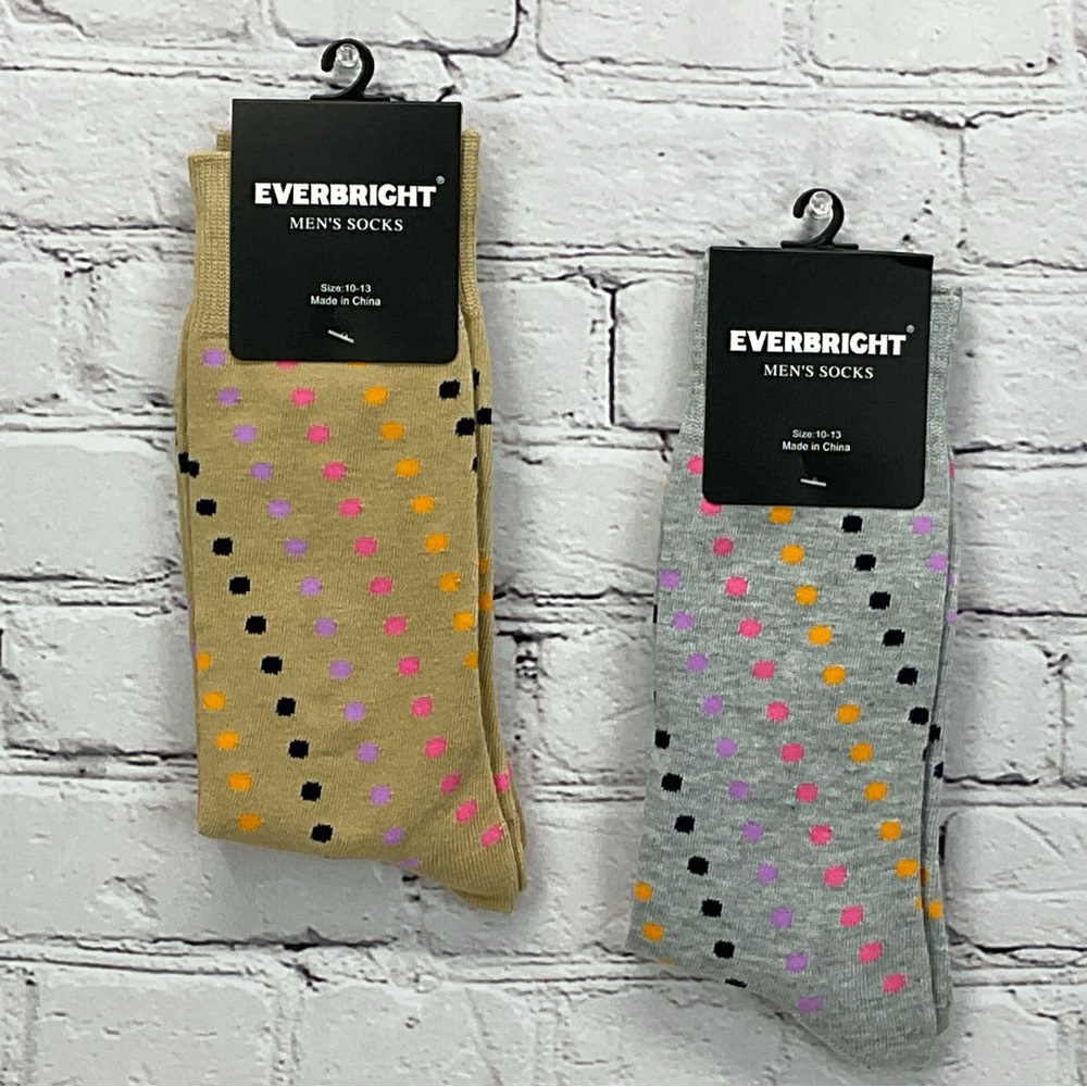 Everbright Socks Men’s Size 10-13 Gray/Tan w/Bright Colored Dots Novelty Travel